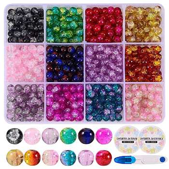 DIY Stretch Bracelet Making Kits, 840Pcs 12 Colors Spray Painted Crackle Glass Beads, 2 Rolls Elastic Crystal Thread and 1Pc Sewing Scissors, Mixed Color, 6mm, Hole: 1.3~1.6mm, 12 colors, 70pcs/color, 840pcs