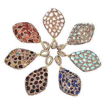 Polymer Clay Rhinestone Pendants, with Gemstone Chip/Natural Shell Chip and PU Leather, Horse Eye, Golden, 50~51x32~33x7~8mm, Hole: 9x5mm