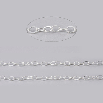 Brass Flat Oval Cable Chains, Unwelded, with Spool, Cadmium Free & Lead Free, Silver Color Plated, 3.5x3x0.5mm, about 32.8 Feet(10m)/roll
