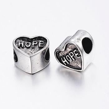304 Stainless Steel European Beads, Large Hole Beads, Heart with Word Hope, Antique Silver, 10.5x11.5x8mm, Hole: 5mm