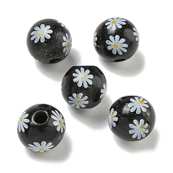 Printed Wood European Beads, Round with Daisy Pattern, Black, 15.5~16mm, Hole: 4~4.5mm