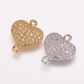 Brass Micro Pave Cubic Zirconia Links, Heart, Mixed Color, 13.5x11.5x2mm, Hole: 1mm