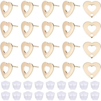 Unicraftale 30Pcs 201 Stainless Steel Stud Earring Findings, with 316 Stainless Steel Pin and Hole, Heart, with 50Pcs Plastic Ear Nuts, Golden, 11x11mm, Hole: 1.6mm, Pin: 0.7mm