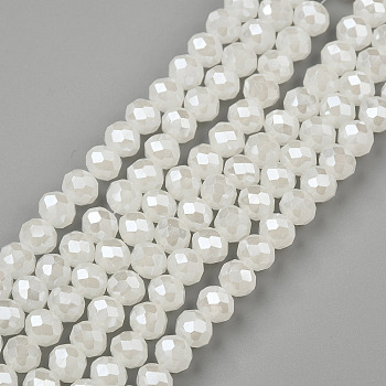 Electroplate Glass Beads Strands, Imitation Jade Beads, Pearl Luster Plated, Faceted, Rondelle, Creamy White, 8x5mm, Hole: 0.5mm, about 64~65pcs/strand, 15.75~16.14 inch(40~41cm)