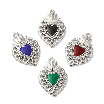 Alloy Pendant, with Glass, Cadmium Free & Nickel Free & Lead Free, Heart with Lotus Charms, Mixed Color, Platinum, 27x18.5x3mm, Hole: 1.6mm