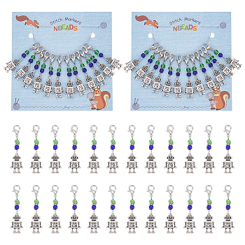 Robot Pendant Stitch Markers, Alloy & Glass Seed Bead Crochet Lobster Clasp Charms, Locking Stitch Marker with Wine Glass Charm Ring, Antique Silver & Platinum, 4.4cm, 12pcs/set, 2 sets/box