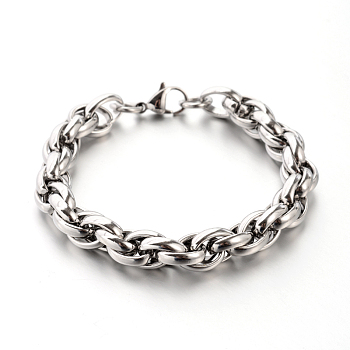304 Stainless Steel Rope Chain Bracelets, with Lobster Claw Clasps, Stainless Steel Color, 8-5/8 inch(220mm), 10.5mm