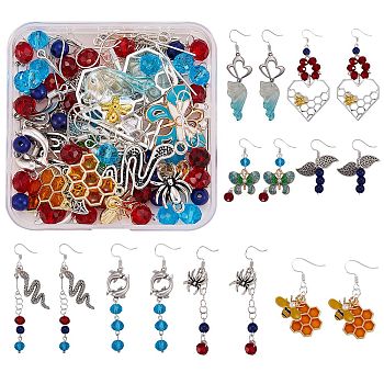 DIY Animal Shape Drop Earring Making, Including Glass & Synthetic Turquoise Beads, Alloy Pendants & Links, Iron Pin & Jump Ring & Earring Hooks, 304 Stainless Steel Pin, Mixed Color, Pendant & Link: 22pcs/box