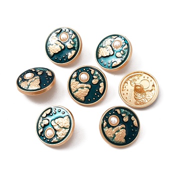 1-Hole Alloy Enamel Shank Buttons, with Plastic Imitation Pearl Beads, Flat Round with Sun, Matte Light Gold, 20x8mm, Hole: 2mm