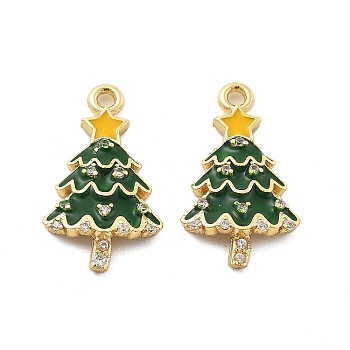 Christmas Theme Brass Micro Pave Cubic Zirconia Pendants, with Enamel, Lead Free & Cadmium Free, Long-Lasting Plated, Real 18K Gold Plated, Christmas Tree, 19x11x3mm, Hole: 1.5mm