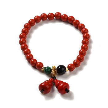 6mm Round Cinnabar Mala Stretch Bracelets, with Synthetic Malachite and Natural Agate, Gourd, Inner Diameter: 2 inch(4.95~5.1cm)
