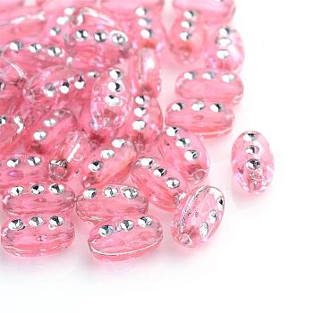 Plating Transparent Acrylic Beads, Silver Metal Enlaced, Oval, Pink, 9.5x6x4.5mm, Hole: 1.5mm, about 3300pcs/500g