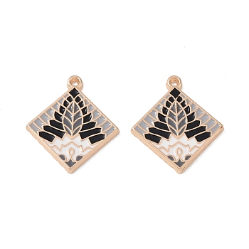 Rack Plating Alloy Enamel Pendants, Rhombus with Leaf Charm, Cadmium Free & Nickel Free & Lead Free, Black, 28x25x2mm, Hole: 1.5mm