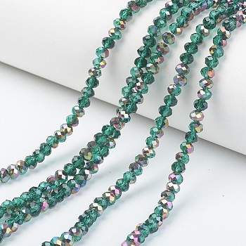 Electroplate Transparent Glass Beads Strands, Half Rose Gold Plated, Faceted, Rondelle, Dark Cyan, 8x6mm, Hole: 1mm, about 65~68pcs/strand, 15.7~16.1 inch(40~41cm)