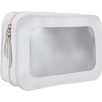 PU Imitation Leather Cosmetic Pouches, Waterproof Clutch Bag, with PVC Windows, Rectangle, White, 230x150x70mm
