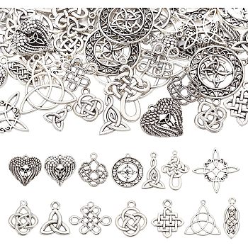 84Pcs 14 Styles Tibetan Style Alloy Pendants, Mixed Shapes, Antique Silver, 14~33x12~30x1.5~3mm, Hole: 1.2~2.2mm, 6pcs/style