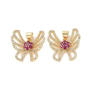 Brass Micro Pave Cubic Zirconia Pendants, Real 18K Gold Plated, Hollow Butterfly with Flower Charm, Hot Pink, 20.5x20.5x4.5mm, Hole: 4x3.5mm
