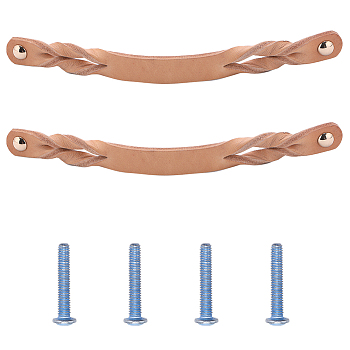 Leather Cabinet Handles Replacement, with Zinc Alloy Finding & Iron Screw, for Cupboard Door, Rectangle, Sandy Brown, 190x16x6mm