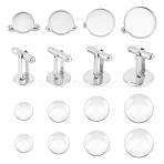 304 Stainless Steel Cuffinks, with Transparent Glass Cabochons, Flat Round, Stainless Steel Color, 16pcs/box(STAS-UN0008-82)