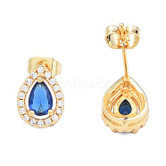 Cubic Zirconia Teardrop Stud Earrings, Golden Brass Jewelry for Women, Nickel Free, Royal Blue, 11x8mm, Pin: 0.7mm(EJEW-N011-61A)
