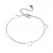 304 Stainless Steel Cable Chain Anklets, with Heart Links and Lobster Claw Clasps, Stainless Steel Color, 8-3/4 inches(22.3cm)(AJEW-M026-01P)