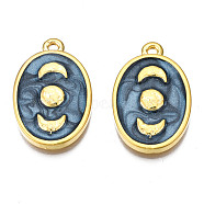 Alloy Pendants, with Enamel, Cadmium Free & Lead Free, Light Gold, Oval with Moon, Marine Blue, 25x16x3mm, Hole: 1.6mm(ENAM-S122-49-RS)