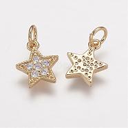 Brass Micro Pave Grade AAA Cubic Zirconia Charms, Lead Free & Nickel Free & Cadmium Free, Star, Real 18K Gold Plated, 9x7.5x1.5mm, Hole: 2mm(ZIRC-K059-13G-NR)