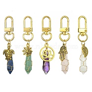 Copper Wire Wrapped Gemstone Bullet Pendant Decorations, Tibetan Style Alloy and Swivel Clasps Charms, Mixed Shapes, Antique Golden & Golden, 73~75mm(HJEW-JM01238-01)