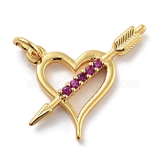 Rack Plating Brass Micro Pave Cubic Zirconia Pendants, Long-Lasting Plated, Lead Free & Cadmium Free, Heart with Arrow, Deep Pink, 16.5x24x2.5mm, Hole: 3mm(KK-Z071-88G-01)