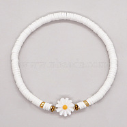 Bohemian Vacation Style Handmade Polymer Clay Heishi Beads Stretch Bracelets, Shell Daisy Flower Beaded Bracelets, White, 7-1/8 inch(18cm)(ZJ5032-2)