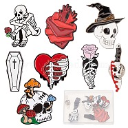 SUNNYCLUE 8Pcs 8 Style Gothic Skull & Heart & Rose & Coffin Enamel Pins, Alloy Badges for Backpack Clothes, Mixed Color, 26~35.5x7~30.5x1~2mm, Pin: 1~1.2mm, 1Pc/style(JEWB-SC0001-22)