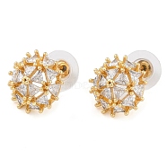 Brass Pave Clear Cubic Zirconia Stud Earrings for Women, Round, Real 18K Gold Plated, 15mm(EJEW-S225-08G-03)