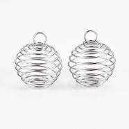 Iron Wire Pendants, Spiral Bead Cage Pendants, Round, Platinum, 15~16x14mm, Hole: 4~5mm(IFIN-R231-14mm-P)