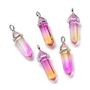 Faceted Bullet Glass Pointed Pendants, with Platinum Plated Brass Findings, Deep Pink, 38~39.5x12.5x10mm, Hole: 5x3mm(KK-E282-01P-08)