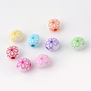 Craft Style Acrylic Corrugated Beads, Flat Round Carved Flower, Mixed Color, 9.5x10x6.2mm, Hole: 2.5mm, about 1540pcs/500g(SACR-S839-M)
