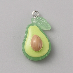 Translucent Resin Pendants, Fruits Charms with Platinum Tone Iron Loops, Avocado, 29x16.5x10.5mm, Hole: 2mm(RESI-WH0022-02B)