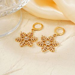 Chic Brass Pave Clear Cubic Zirconia Snowflake Hoop Earrings, Golden, 42x22mm(PM0148-1)