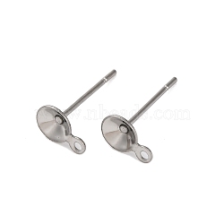 Anti-Tarnish 304 Stainless Steel Stud Earring Findings, Flat Round Earring Settings with Loop, Stainless Steel Color, 7.5x5x13.5mm, Hole: 1mm, Pin: 0.7mm(STAS-S151-01P-A)