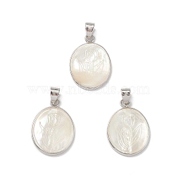 Natural White Shell Pendants, Oval Charms with Flower, with Brass Findings, Cadmium Free & Lead Free, Platinum, 25x17.5x2mm, Hole: 6x4mm(BSHE-E029-01P)
