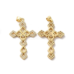 Rack Plating Brass Micro Pave Clear Cubic Zirconia Pendants, Long-Lasting Plated, Lead Free & Cadmium Free, Cross Charm, Religion, Real 18K Gold Plated, 38.5x23.5x2.5mm, Hole: 5x3.5mm(KK-F853-03G)