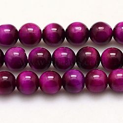 Natural Tiger Eye Beads Strands, Grade A+, Dyed, Round, Fuchsia, 6mm, Hole: 1mm, about 60~62pcs/strand, 15 inch(G-G448-6mm-17A)