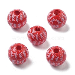 Christmas Printed Schima Wood European Beads, Round, Red, 16x14.5mm, Hole: 4.5mm(WOOD-G023-18C)