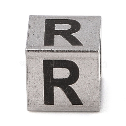 Tarnish Resistant 201 Stainless Steel European Beads, Large Hole Beads, Cube with English Letter, Stainless Steel Color, Letter R, 7x7x7mm, Hole: 5mm(STAS-M058-01R-P)