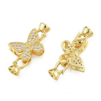 Brass Micro Pave Clear Cubic Zirconia Fold Over Clasps, Nickel Free, Butterfly, Real 14K Gold Plated, 31.5mm, Clasp: 11x6.5x6mm, Inner Diameter: 4.5mm, Hole: 1.2mm, Butterfly: 13x17x6.5mm