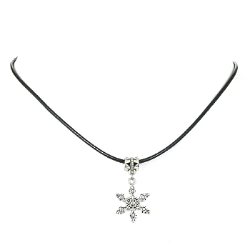 Tibetan Alloy Snowflake Pendant Necklaces, with Imitation Leather Cord, Antique Silver, 17.72 inch(45cm)