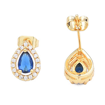 Cubic Zirconia Teardrop Stud Earrings, Golden Brass Jewelry for Women, Nickel Free, Royal Blue, 11x8mm, Pin: 0.7mm
