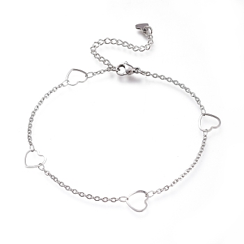 304 Stainless Steel Cable Chain Anklets, with Heart Links and Lobster Claw Clasps, Stainless Steel Color, 8-3/4 inch(22.3cm)