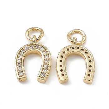 Brass Micro Pave Cubic Zirconia Charms, with Jump Ring, Horseshoe Charm, Real 18K Gold Plated, 13x10x3mm, Hole: 3mm