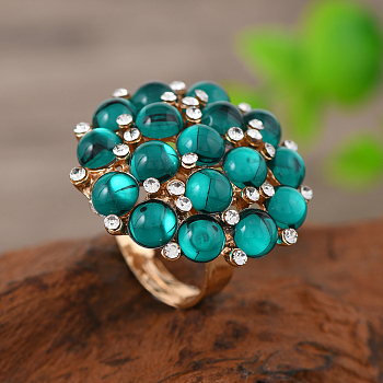 Transparent Resin with Alloy Finger Rings, Round, with Rhinestone, Golden, Green, 30mm, Inner Diameter: 17mm