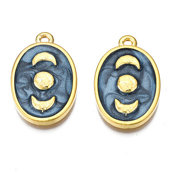 Alloy Pendants, with Enamel, Cadmium Free & Lead Free, Light Gold, Oval with Moon, Marine Blue, 25x16x3mm, Hole: 1.6mm